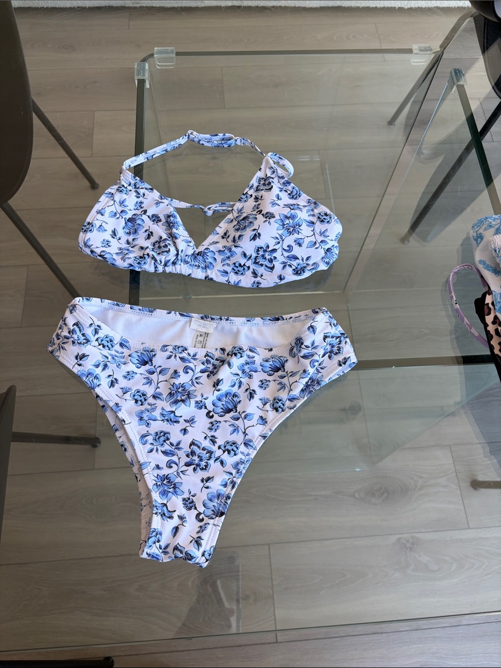 SHEIN White Two-Piece Bikini with Blue Floral Print